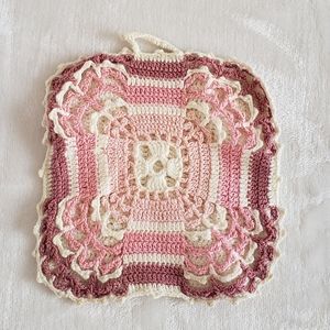 Vintage HAND CROCHET Pink Mauve Handmade Pot Holder 1940's 50's MCM VTG Linen